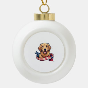 Patriotic Golden Retriever Ribbon Wave Tee Ceramic Ball Christmas Ornament