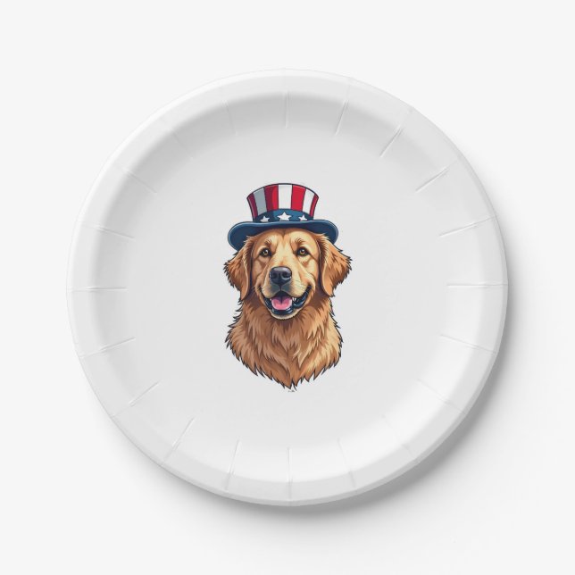 Patriotic Golden Retriever Split Frame Tee 2 Paper Plate (Front)