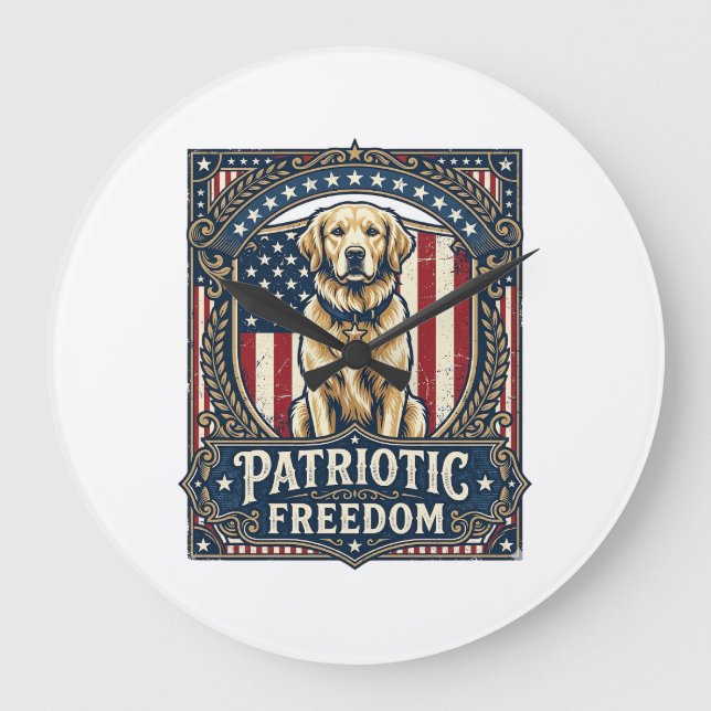 Patriotic Golden Retriever Vector Graphic Tee_1 Large Clock (Front)