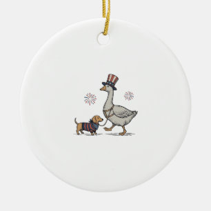 Patriotic Goose and Dachshund Vintage Shirt Design Ceramic Tree Decoration