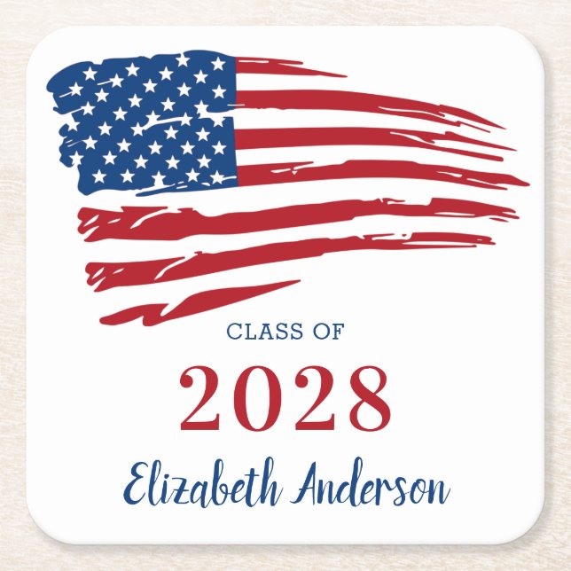 Patriotic Graduation USA American Flag Military Square Paper Coaster (Front)