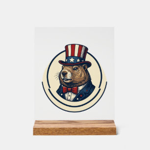 Patriotic Groundhog Vintage Engraving Shirt Design Acrylic Sign