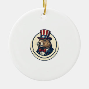 Patriotic Groundhog Vintage Engraving Shirt Design Ceramic Tree Decoration