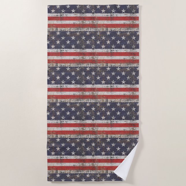 Patriotic Grunge Stars and Stripes Pattern Beach Towel (Front)