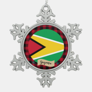 Patriotic Guyana, buffalo plaid, Guyana Flag Snowflake Pewter Christmas Ornament
