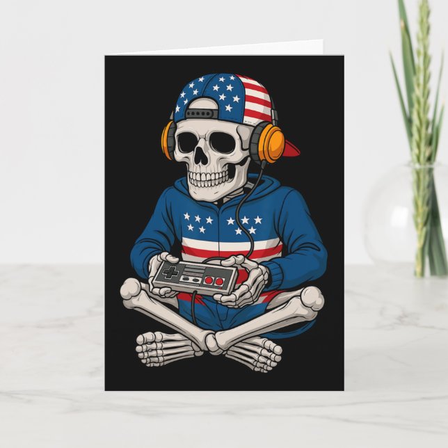 Patriotic Halloween Skeleton Gamer Funny Skeleton  Card (Front)