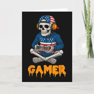 Patriotic Halloween Skeleton Gamer Funny Skeleton Card