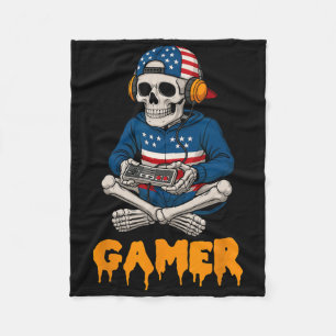 Patriotic Halloween Skeleton Gamer Funny Skeleton  Fleece Blanket