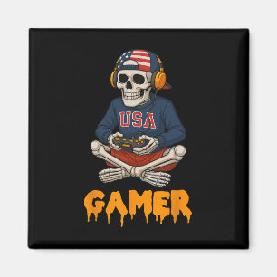 Patriotic Halloween Skeleton Gamer Funny Skeleton  Magnet