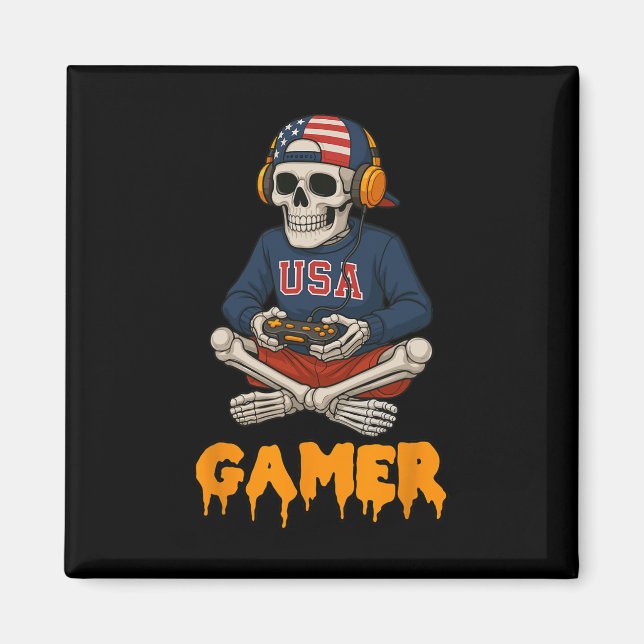 Patriotic Halloween Skeleton Gamer Funny Skeleton  Magnet (Front)