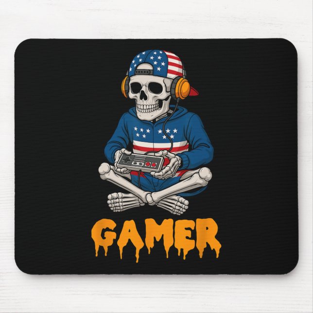 Patriotic Halloween Skeleton Gamer Funny Skeleton  Mouse Mat (Front)