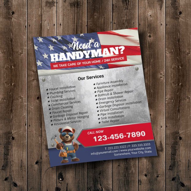 Patriotic Handyman Bear House Repair & Maintenance Flyer (Creator Uploaded)