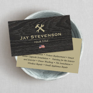 Patriotic Handyman Construction Dark Wood Business Card