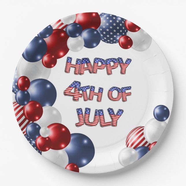 Patriotic Happy 4th of July Balloon Paper Plate (Front)
