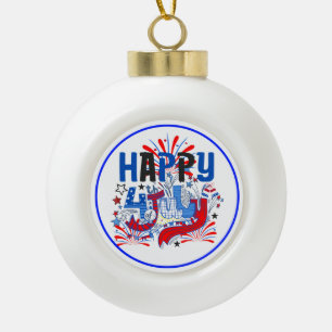 Patriotic Happy 4th of July Celebration Design Ceramic Ball Christmas Ornament