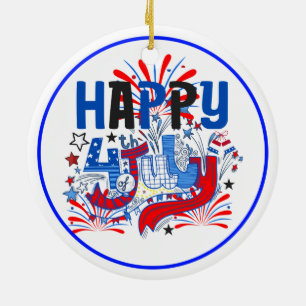 Patriotic Happy 4th of July Celebration Design Ceramic Tree Decoration