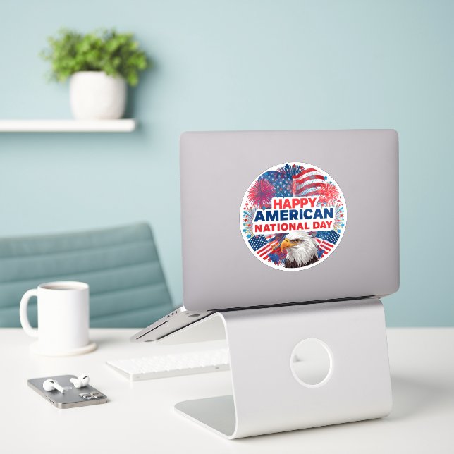 Patriotic Happy American National Day Sticker (Laptop On Desk)