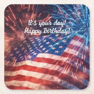 Patriotic Happy Birthday Square Paper Coaster