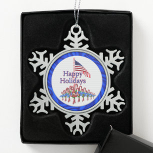 Patriotic Happy Holidays Candy Canes Snowflake Pewter Christmas Ornament