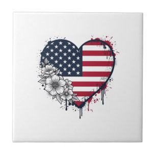 Patriotic Heart Floral Vintage Engraving Design_1 Tile