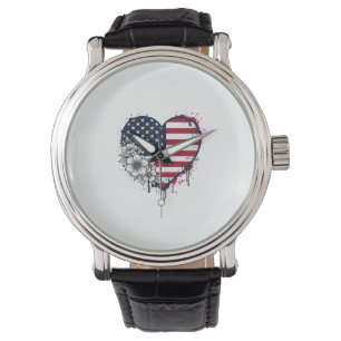 Patriotic Heart Floral Vintage Engraving Design_1 Watch