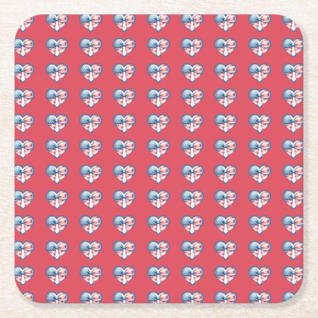 Patriotic Heart Square Paper Coaster (Front)
