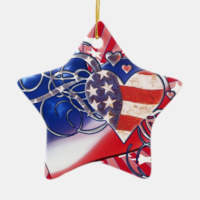 PATRIOTIC HEART STARBURST 4TH OF JULY CERAMIC TREE DECORATION (Front)