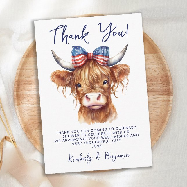 Patriotic Highland Cow 4th of July Baby Shower Thank You Card (Creator Uploaded)