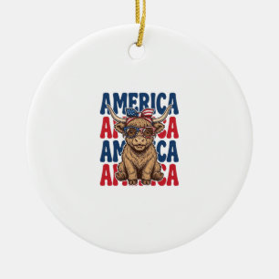 Patriotic Highland Cow America Vintage Shirt Desig Ceramic Tree Decoration
