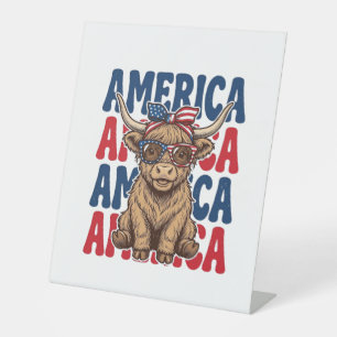Patriotic Highland Cow America Vintage Shirt Desig Pedestal Sign