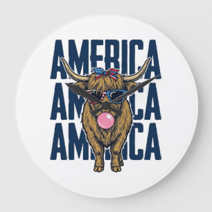 Patriotic Highland Cow America Vintage T-Shirt Des Large Clock