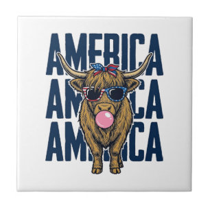 Patriotic Highland Cow America Vintage T-Shirt Des Tile