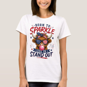 Patriotic Highland Cow Born to Sparkle Graphic T-Shirt