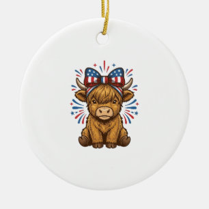 Patriotic Highland Cow Bow Vector Design (2)_1 Ceramic Tree Decoration