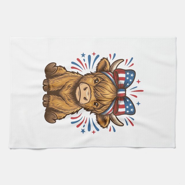 Patriotic Highland Cow Bow Vector Design (2)_1 Tea Towel (Horizontal)