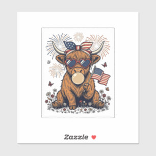 Patriotic Highland Cow Bubblegum Vintage Engraving