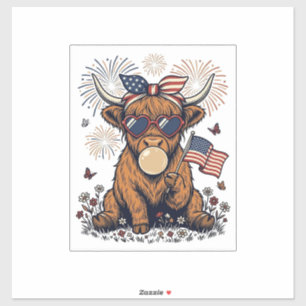 Patriotic Highland Cow Bubblegum Vintage Engraving