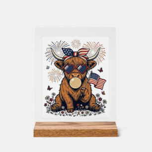 Patriotic Highland Cow Bubblegum Vintage Engraving Acrylic Sign