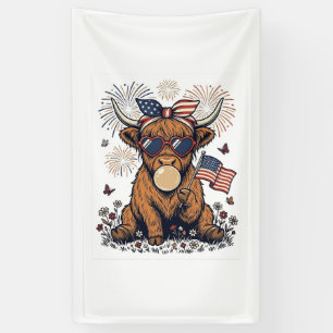 Patriotic Highland Cow Bubblegum Vintage Engraving Banner