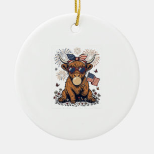 Patriotic Highland Cow Bubblegum Vintage Engraving Ceramic Tree Decoration