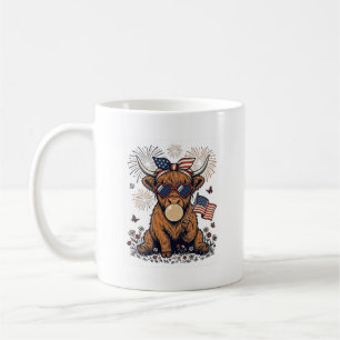 Patriotic Highland Cow Bubblegum Vintage Engraving Coffee Mug