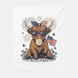 Patriotic Highland Cow Bubblegum Vintage Engraving Fleece Blanket