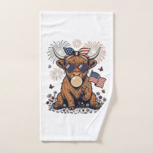 Patriotic Highland Cow Bubblegum Vintage Engraving Hand Towel