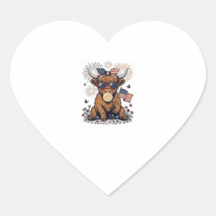 Patriotic Highland Cow Bubblegum Vintage Engraving Heart Sticker