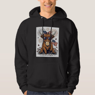 Patriotic Highland Cow Bubblegum Vintage Engraving Hoodie