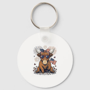 Patriotic Highland Cow Bubblegum Vintage Engraving Key Ring