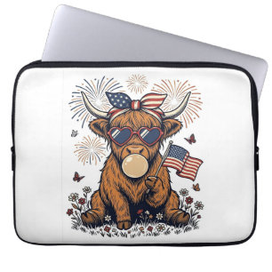 Patriotic Highland Cow Bubblegum Vintage Engraving Laptop Sleeve