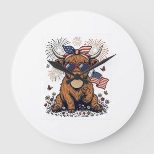 Patriotic Highland Cow Bubblegum Vintage Engraving Large Clock