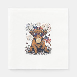Patriotic Highland Cow Bubblegum Vintage Engraving Napkin