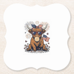 Patriotic Highland Cow Bubblegum Vintage Engraving Paper Coaster